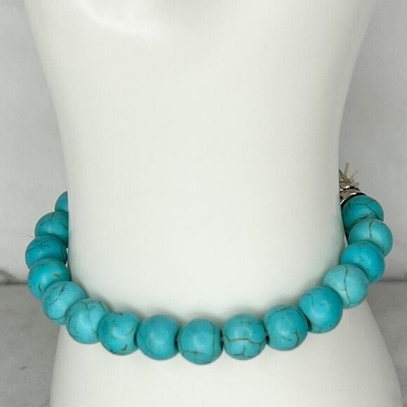 Silver Tone Butterfly Hamsa Tree Faux Turquoise Beaded Stretch Bracelet - Picture 5 of 6